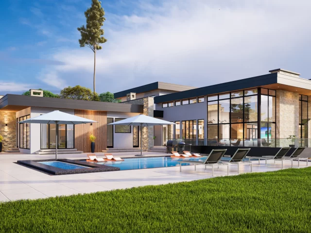 Villa hiện đại có hồ bơi và ghế tắm nắng