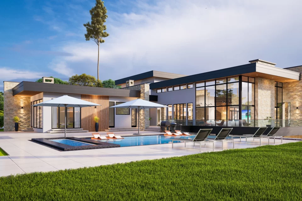Villa hiện đại có hồ bơi và ghế tắm nắng