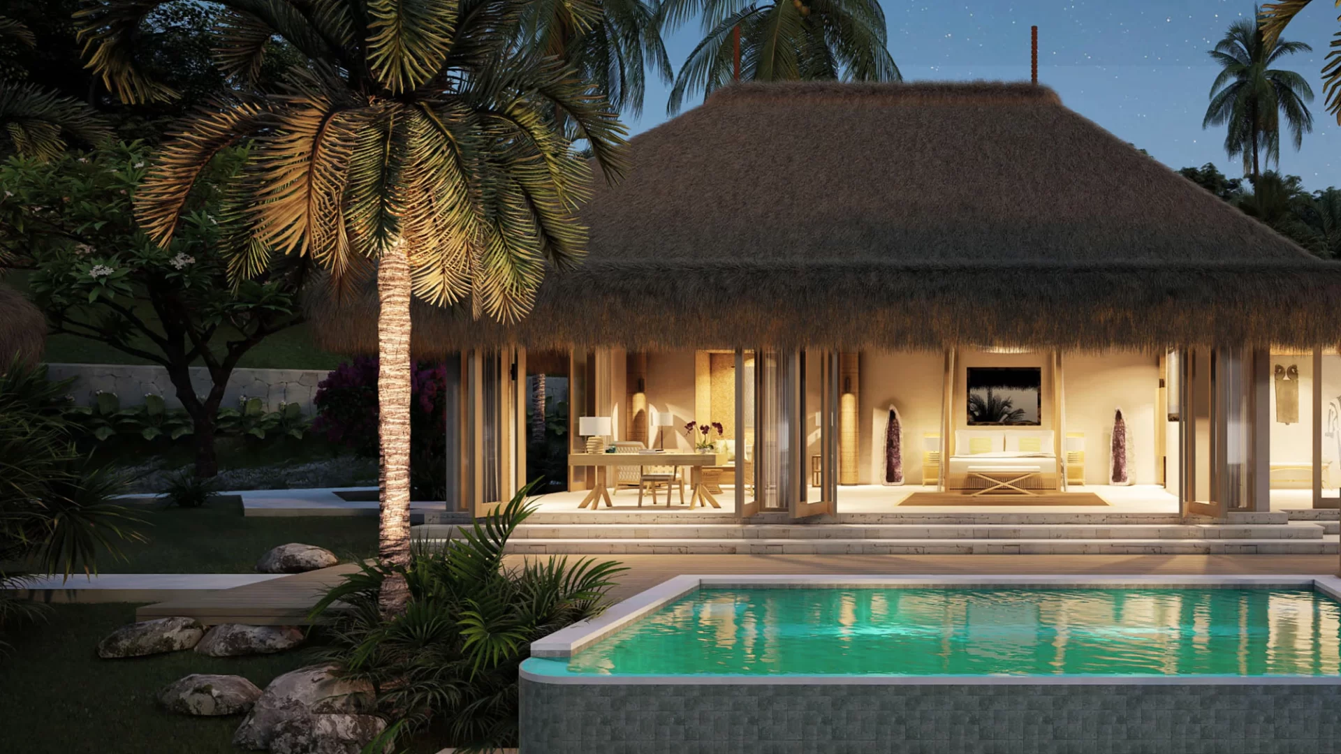 Villa nhiệt đới có hồ bơi lúc hoàng hôn