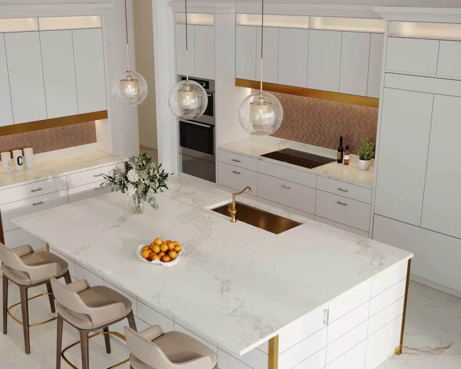 Bếp sáng với đảo bếp ốp gỗ óc chó và đá trắng