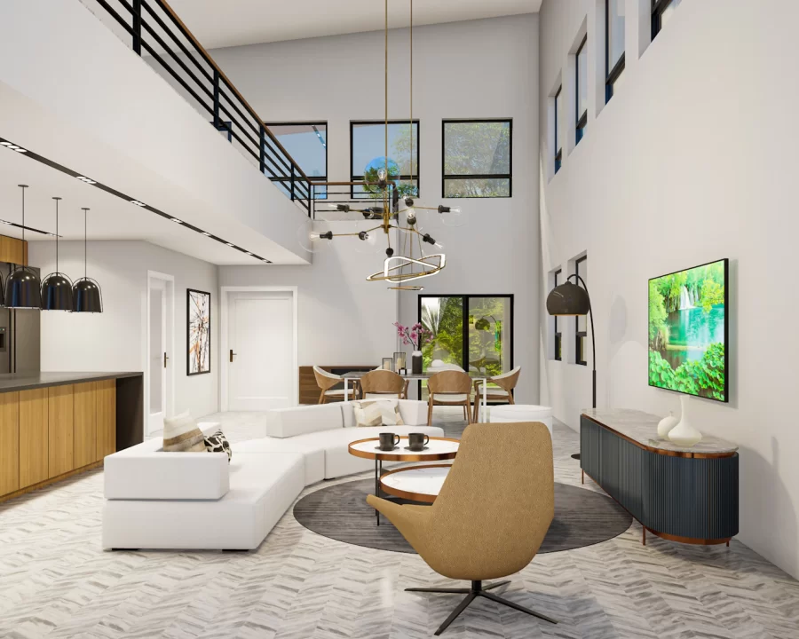 Không gian sinh hoạt biệt thự trần cao với cầu thang và sofa trắng