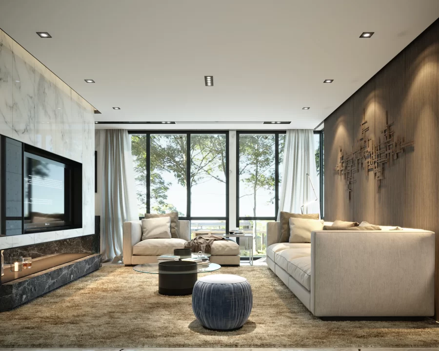 Phòng khách căn hộ với lò sưởi âm tường, sofa be và cửa kính nhìn ra cây xanh
