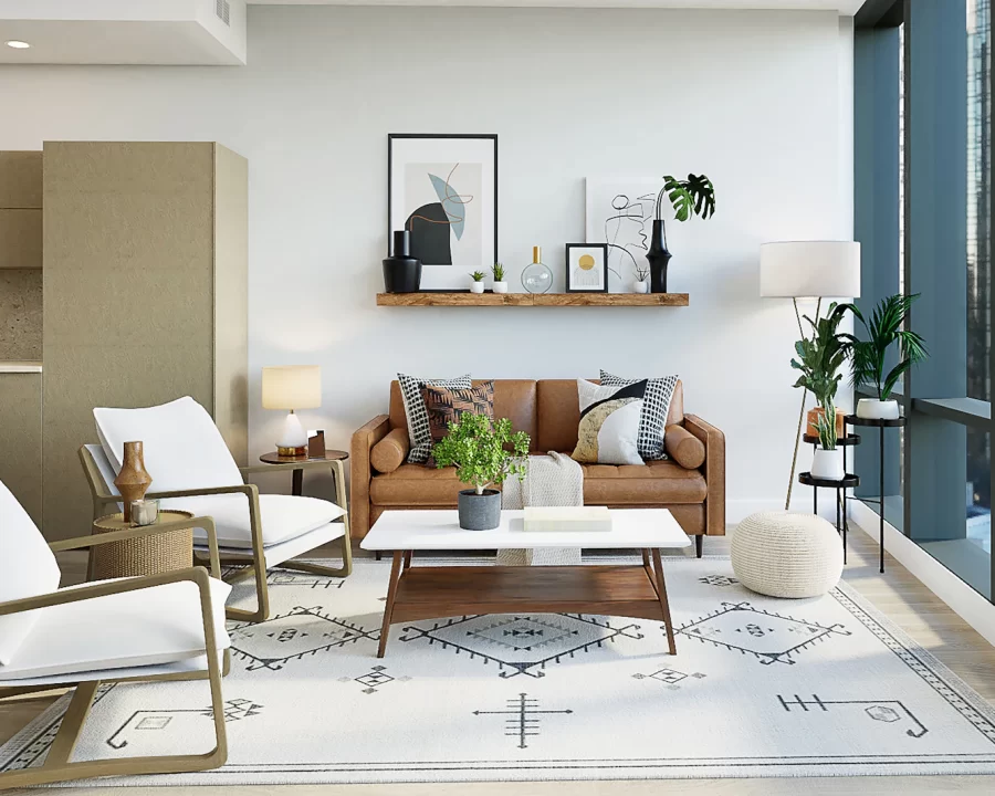 Phòng khách nhỏ gọn của căn hộ một phòng ngủ với sofa trắng và đèn thả