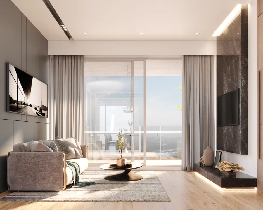 Phòng khách rộng với thảm hoa văn, sofa xám và cửa ra ban công