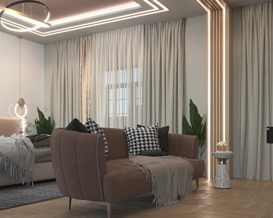 Phòng ngủ ấm cúng với sofa nhỏ và rèm dài chấm sàn