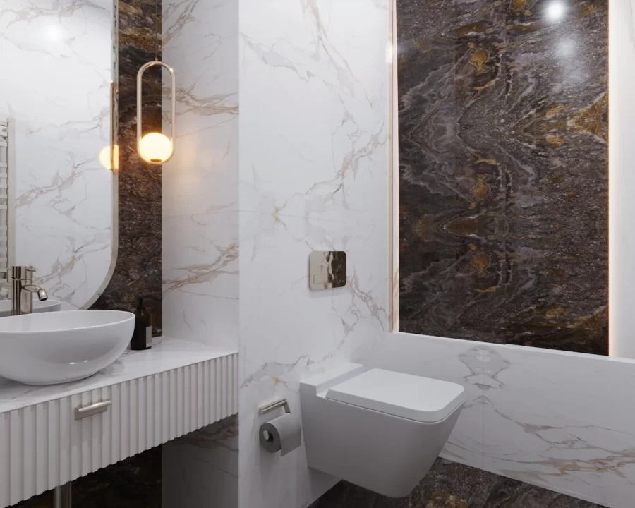Phòng tắm đá marble với tủ lavabo trắng tay nắm đồng