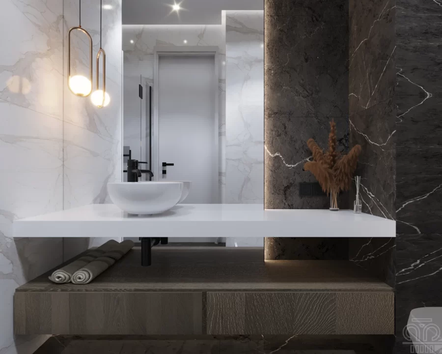 Phòng tắm hiện đại với bồn rửa đặt nổi và mảng đá vân nâu
