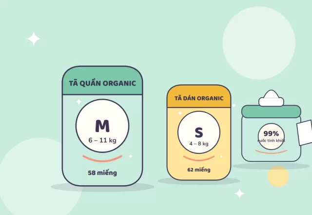 Minh hoạ bịch tã quần size M, size S và hộp khăn ướt organic