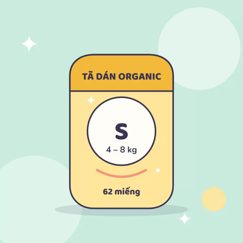 Minh hoạ sản phẩm: Tã dán organic size S 62 miếng (4–8 kg)