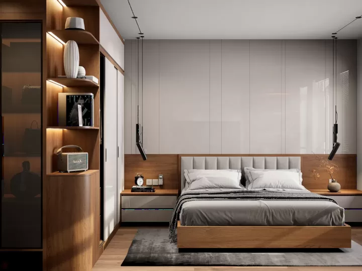 Phòng ngủ hiện đại với chi tiết gỗ và ánh sáng dịu nhẹ