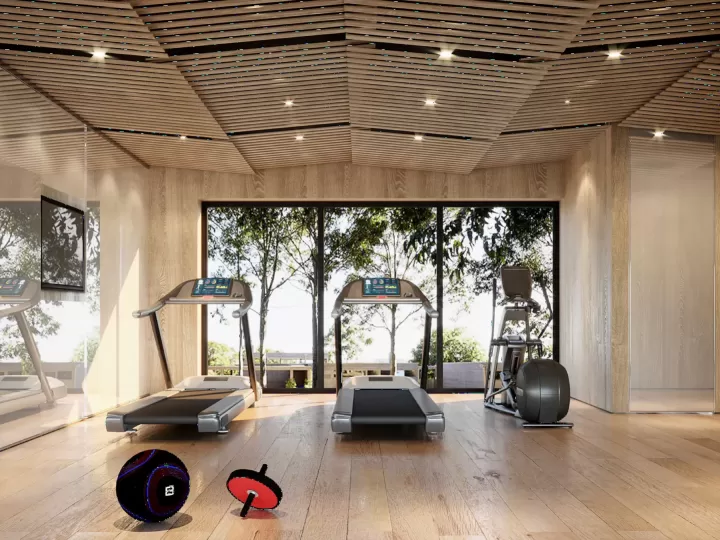 Phòng gym hiện đại với máy chạy bộ và cửa sổ lớn