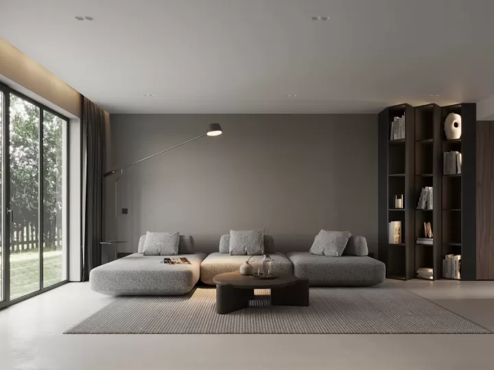 Phòng khách căn hộ hiện đại với sofa và cửa kính lớn