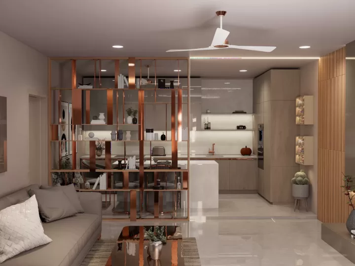 Phòng khách căn hộ nhỏ với bếp mở và nội thất tối giản