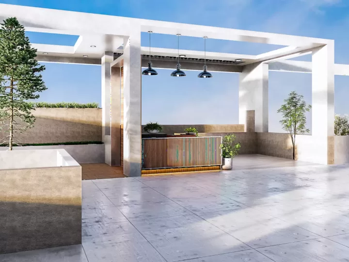 Khu lounge ngoài trời hiện đại với quầy bar và cây xanh