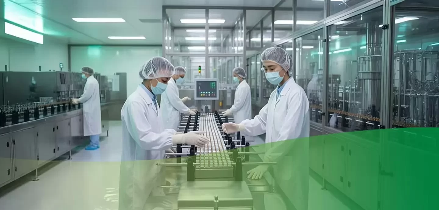 Công nhân trong trang phục vô trùng vận hành dây chuyền sản xuất