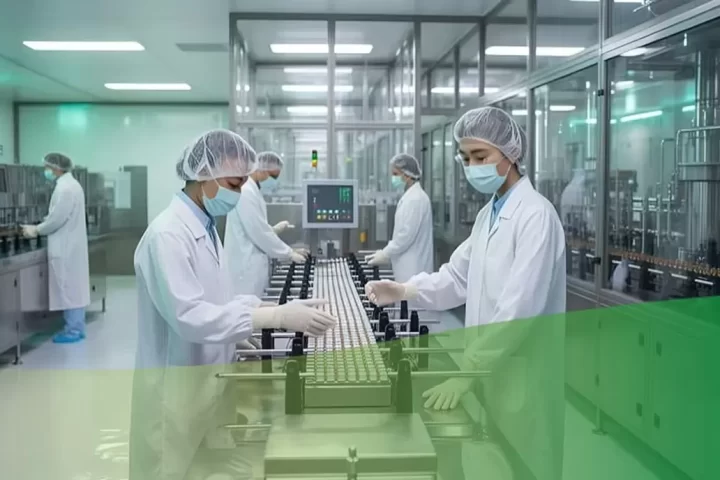 Công nhân trong trang phục vô trùng vận hành dây chuyền sản xuất