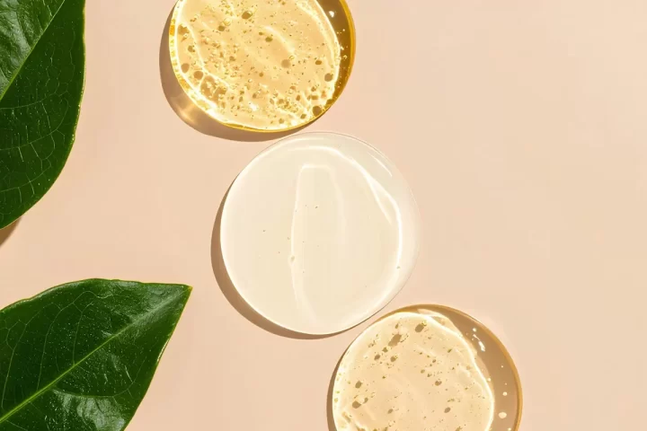 Mẫu kem và serum bên lá xanh trên nền be