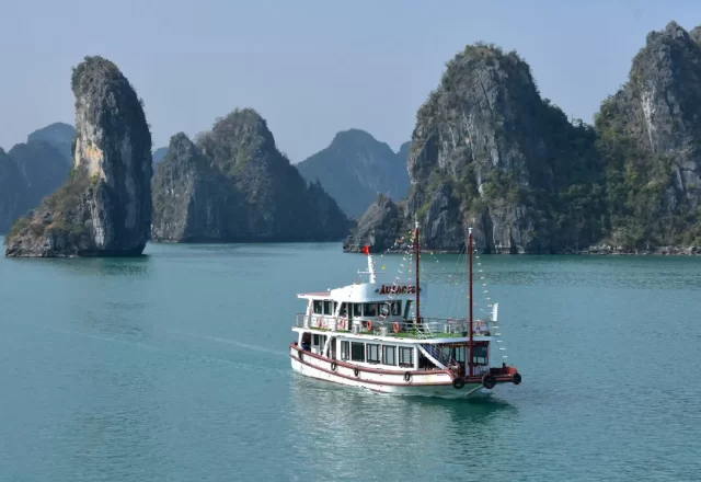 Du thuyền trắng giữa những hòn đảo đá vôi ở Hạ Long
