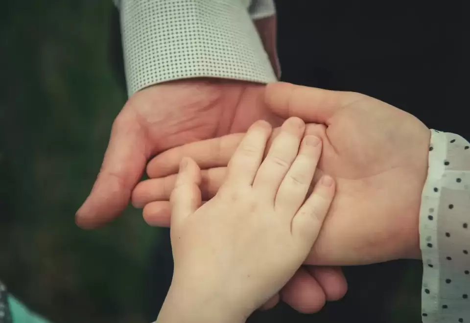 Bàn tay nhỏ của bé đặt trong lòng bàn tay người lớn, khoảnh khắc nắm tay an tâm