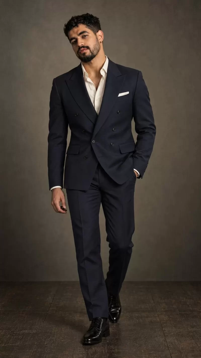 Bộ vest xanh navy của chú rể với sơ mi trắng, nền phòng chụp màu nâu
