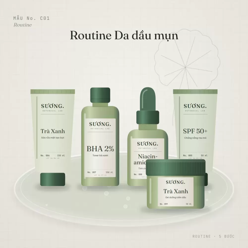 Combo routine Da dầu mụn — các sản phẩm trong routine đặt trên khay thạch