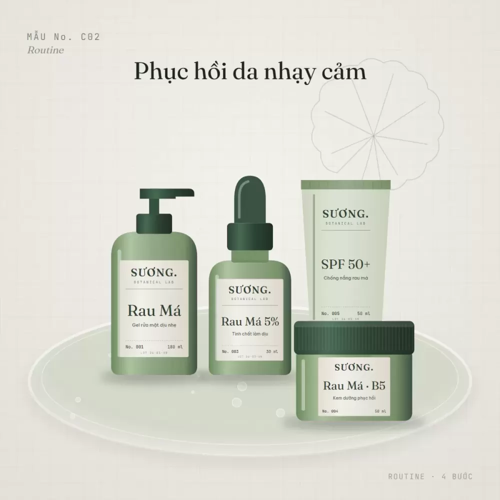 Combo routine Phục hồi da nhạy cảm — các sản phẩm trong routine đặt trên khay thạch