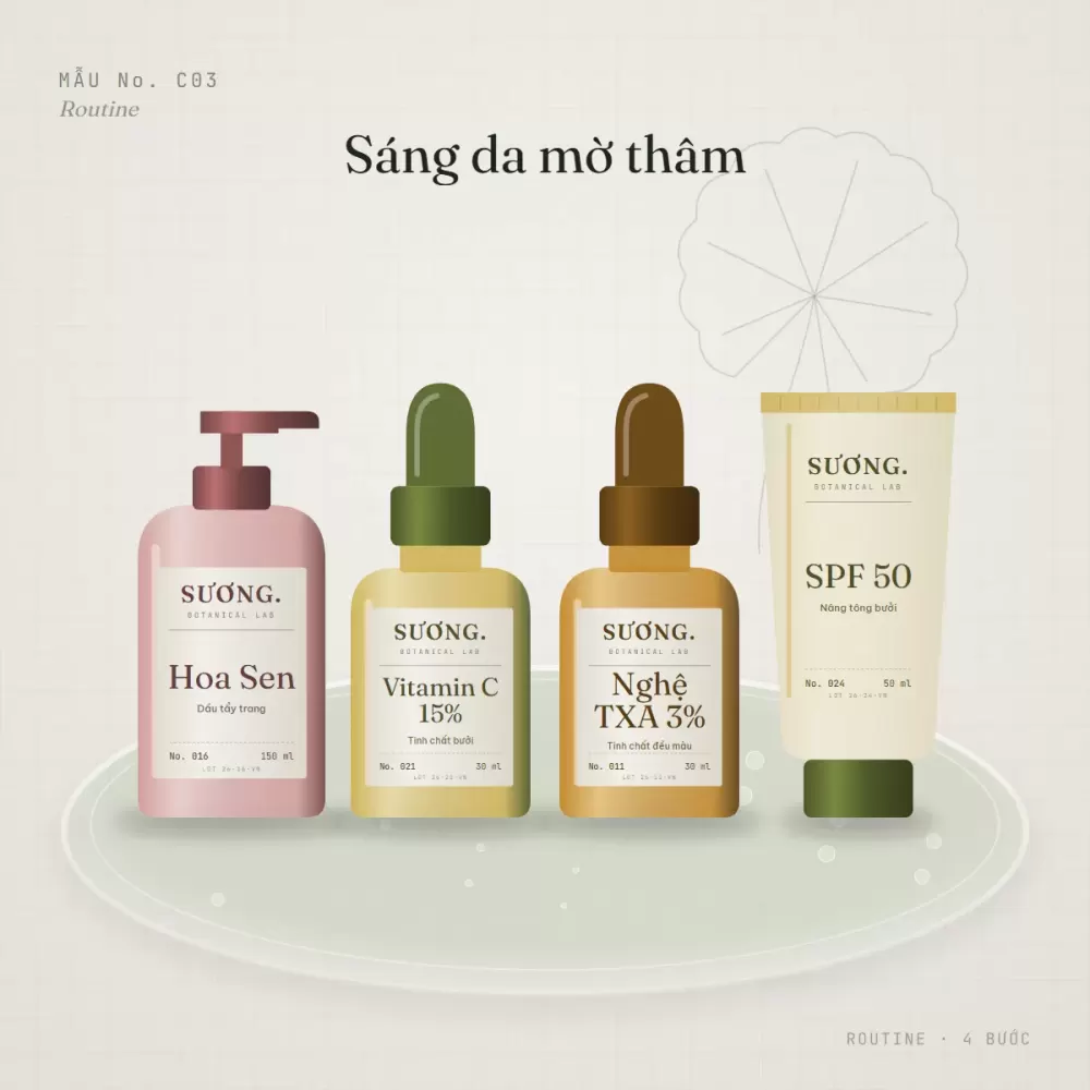 Combo routine Sáng da mờ thâm — các sản phẩm trong routine đặt trên khay thạch