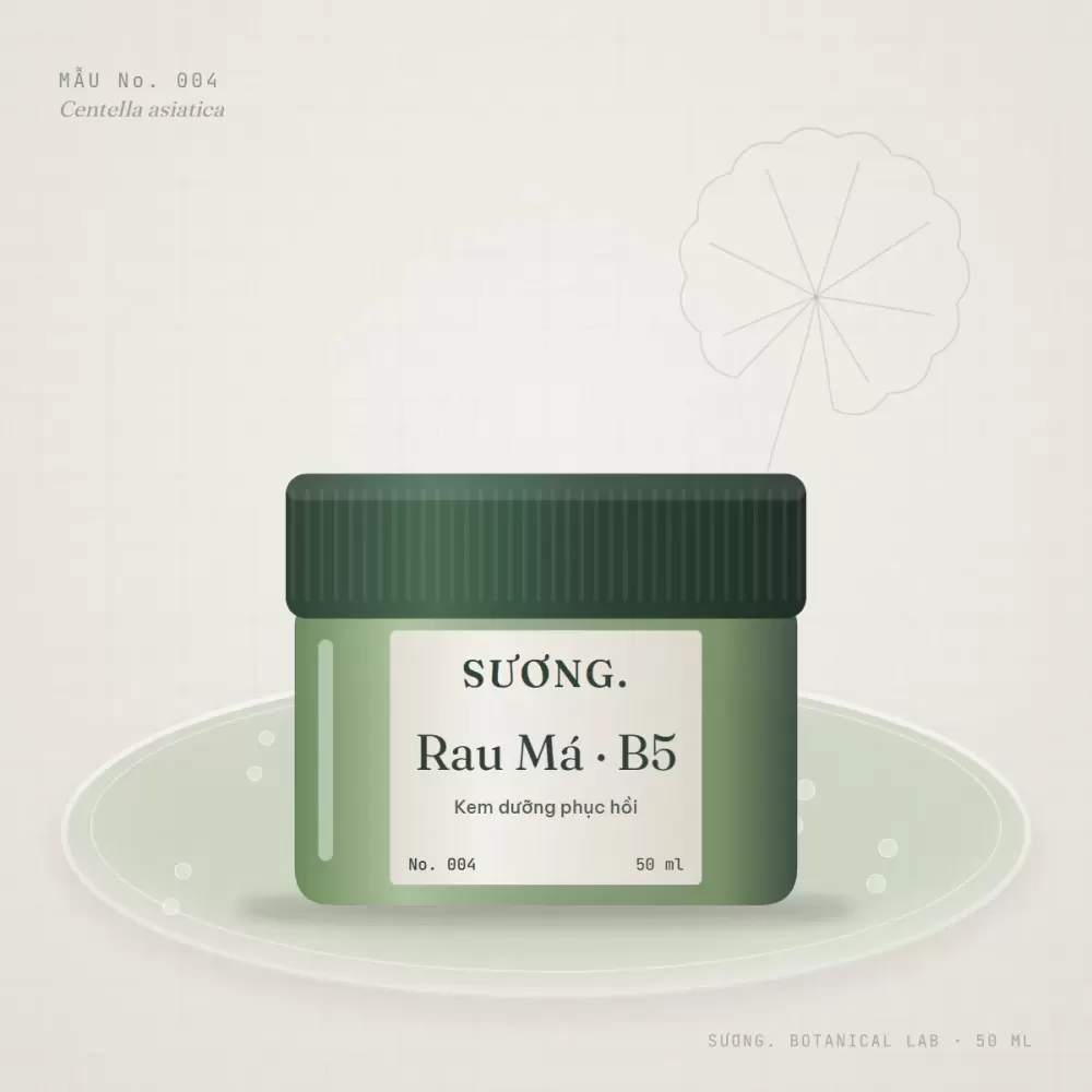 Kem dưỡng phục hồi Rau Má B5 50 ml — chai mẫu No. 004 trên đĩa thạch