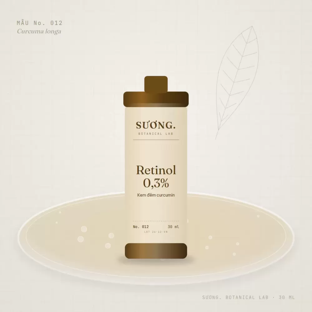 Kem đêm Retinol 0,3% + Curcumin 30 ml — chai mẫu No. 012 trên đĩa thạch