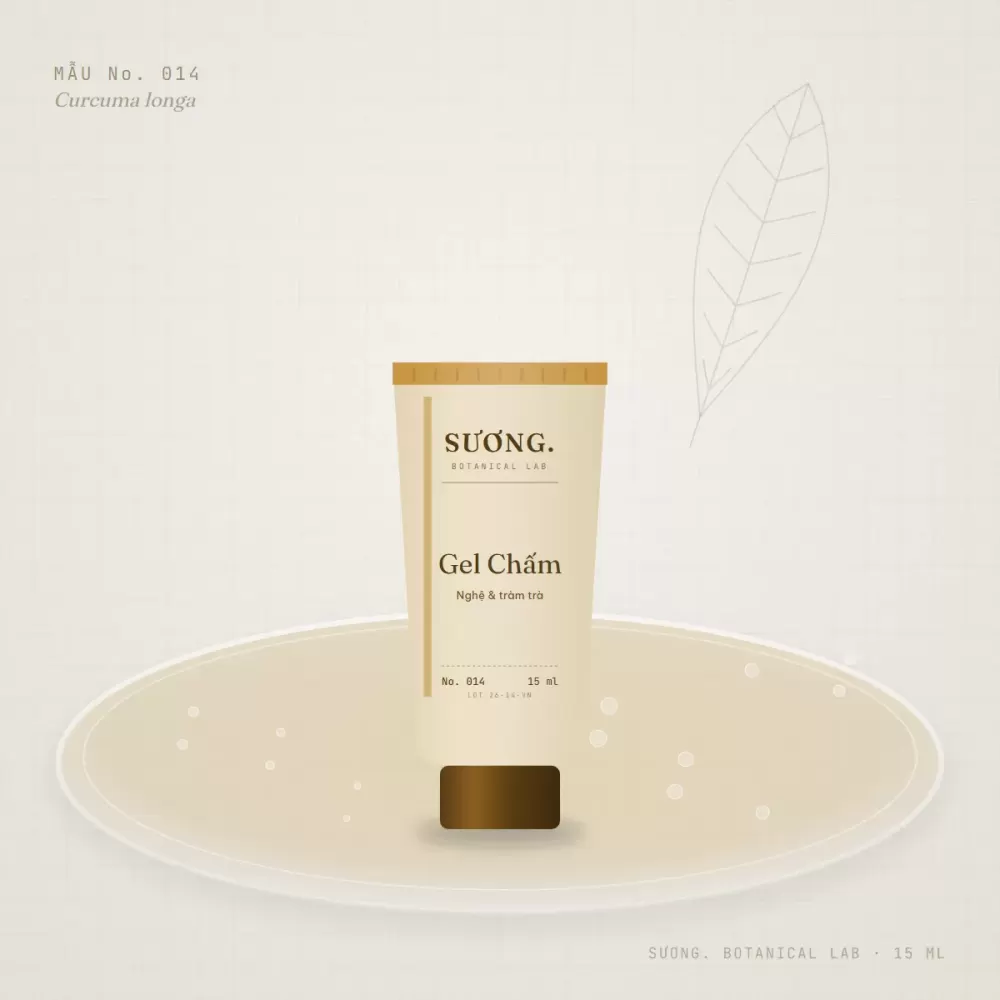Gel chấm Nghệ & Tràm trà 15 ml — chai mẫu No. 014 trên đĩa thạch