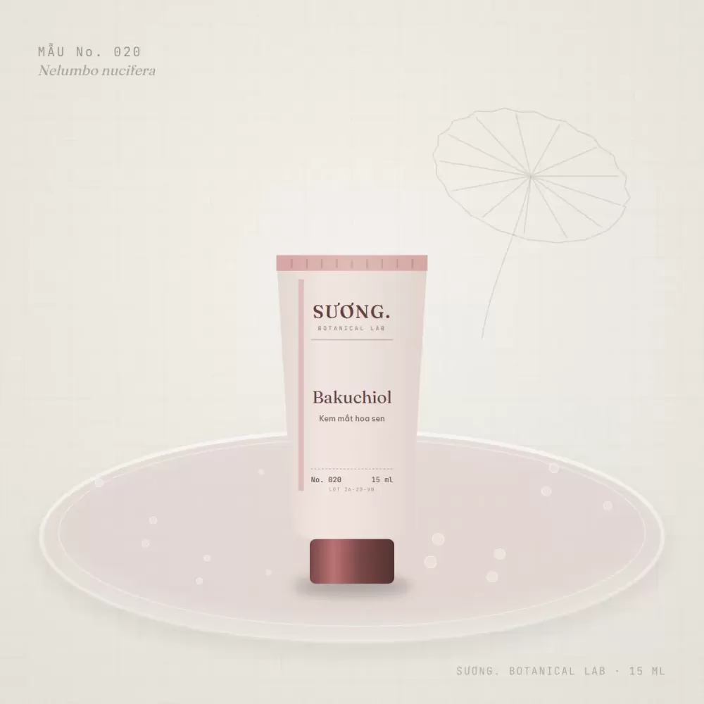 Kem mắt Bakuchiol Hoa Sen 15 ml — chai mẫu No. 020 trên đĩa thạch