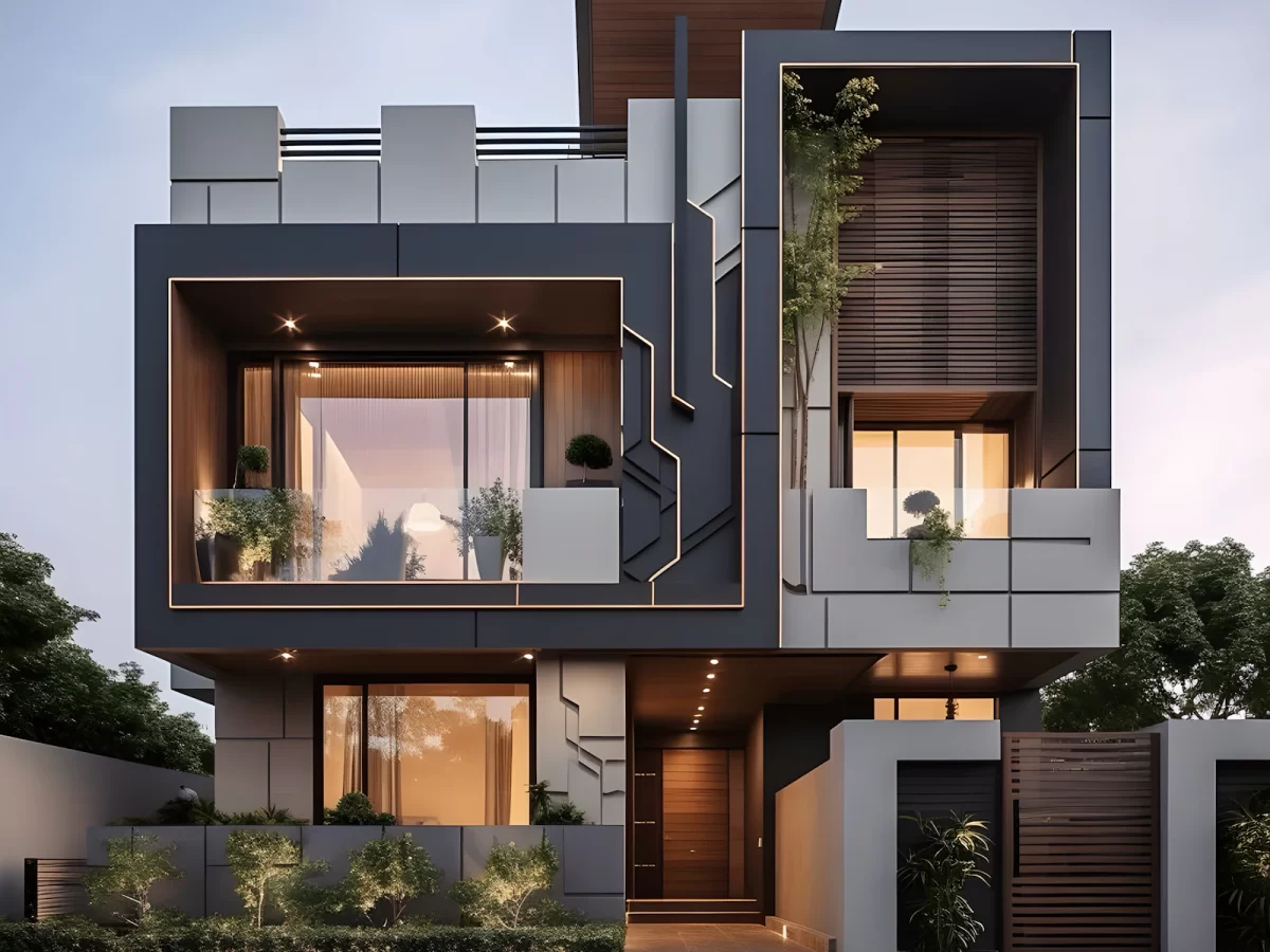 Ngôi nhà hai tầng hiện đại có nhiều cửa sổ và ban công