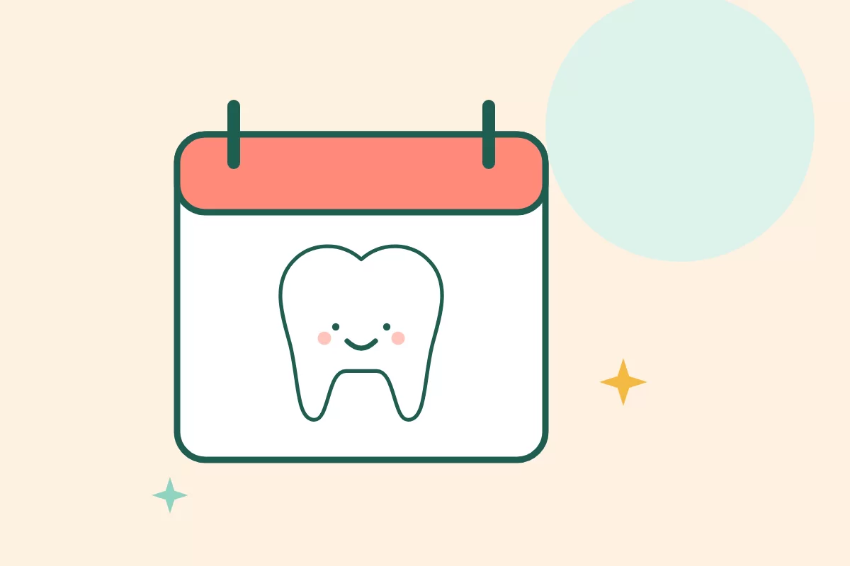 Minh hoạ tờ lịch hẹn với chiếc răng mỉm cười, nhắc lịch khám răng đầu tiên