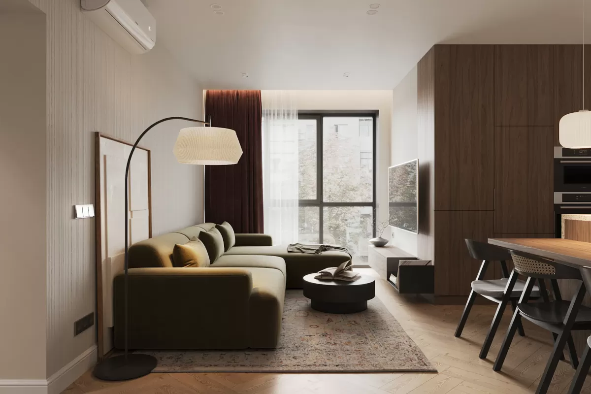 Phòng khách căn hộ với sofa, bàn trà gỗ và ghế đơn