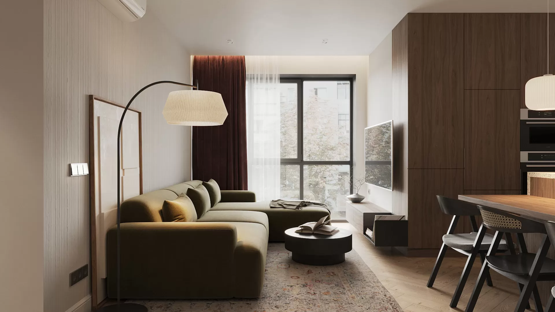 Phòng khách căn hộ với sofa, bàn trà gỗ và ghế đơn