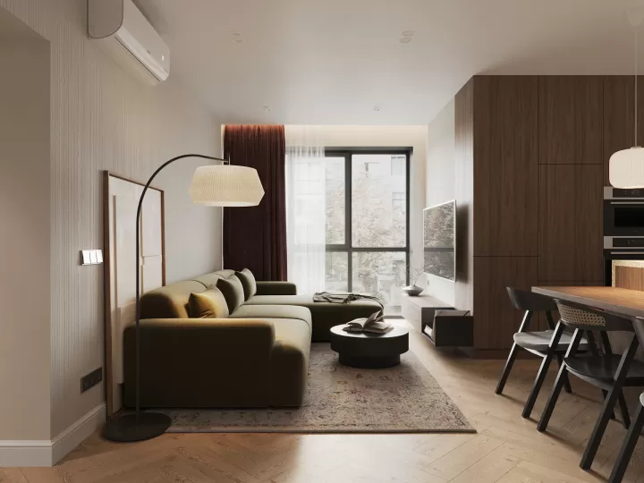 Phòng khách căn hộ với sofa, bàn trà gỗ và ghế đơn