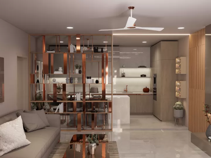Căn hộ mở liền phòng khách và bếp, ngăn bằng vách thấp