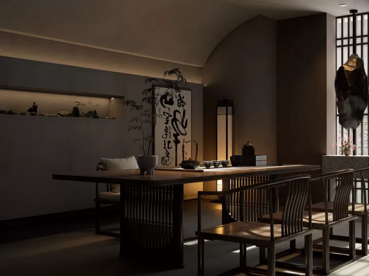 Phòng ăn thanh lịch với bàn gỗ dài