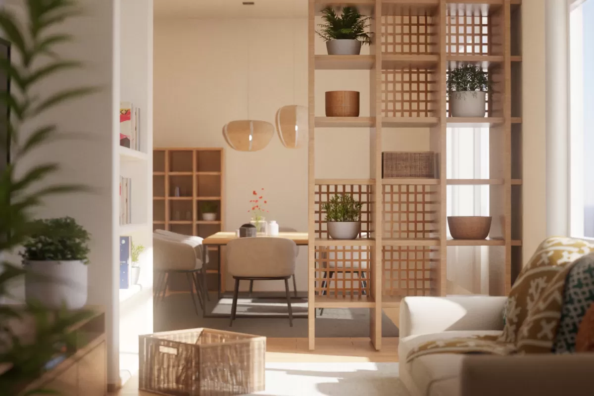 Phòng khách phong cách Japandi với ánh sáng tự nhiên và chi tiết gỗ ấm