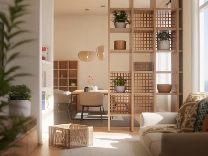 Phòng khách phong cách Japandi với ánh sáng tự nhiên và chi tiết gỗ ấm