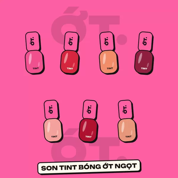 Bộ 7 màu Son tint bóng Ớt Ngọt xếp cạnh nhau