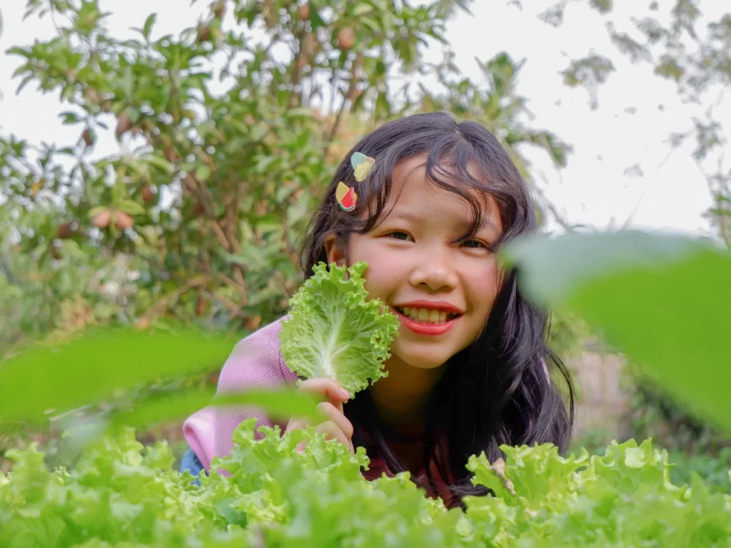 Bé gái cười tươi cầm lá xà lách vừa hái trong vườn rau