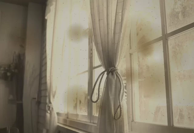 Trước khi vệ sinh: Rèm voan Quận 3 ố vàng sau nhiều mùa mưa