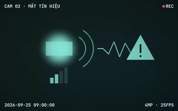 Camera Wi-Fi bị suy yếu tín hiệu với đường truyền gấp khúc và biểu tượng cảnh báo
