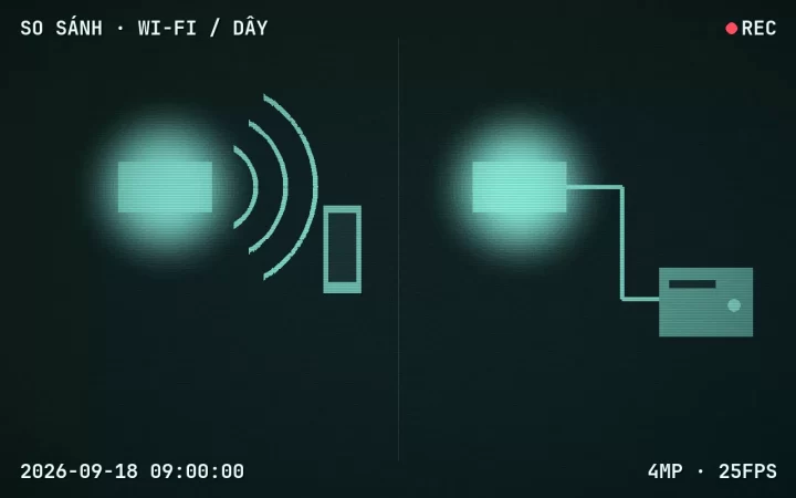 Sơ đồ so sánh camera Wi-Fi gửi hình qua sóng tới điện thoại và camera dây PoE nối về đầu ghi