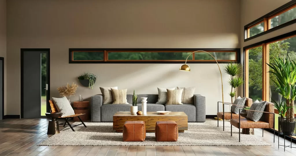 Phòng khách với sofa xám, bàn trà gỗ và hai chiếc đôn da