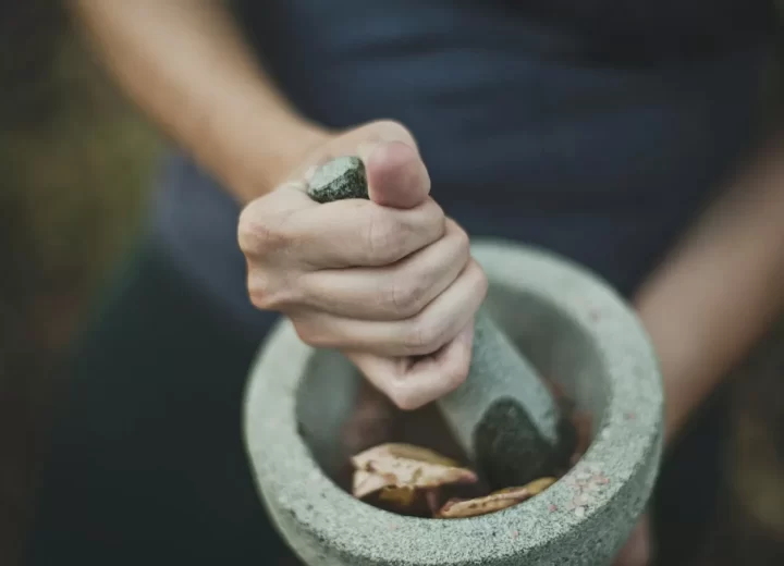 Bàn tay giã dược liệu trong cối đá