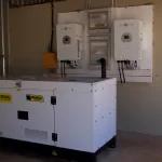 Máy phát điện công nghiệp vỏ trắng đặt cạnh tủ điện