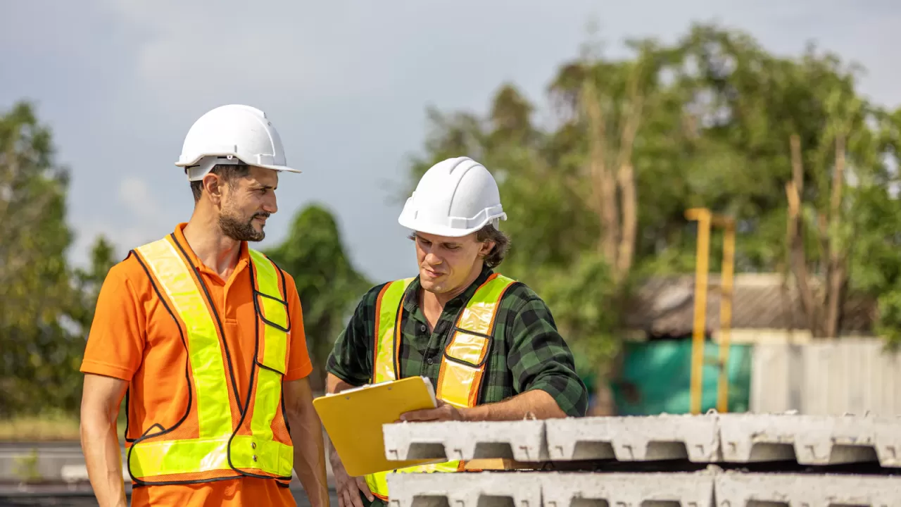 Nhóm kỹ thuật viên trao đổi bản vẽ tại công trình