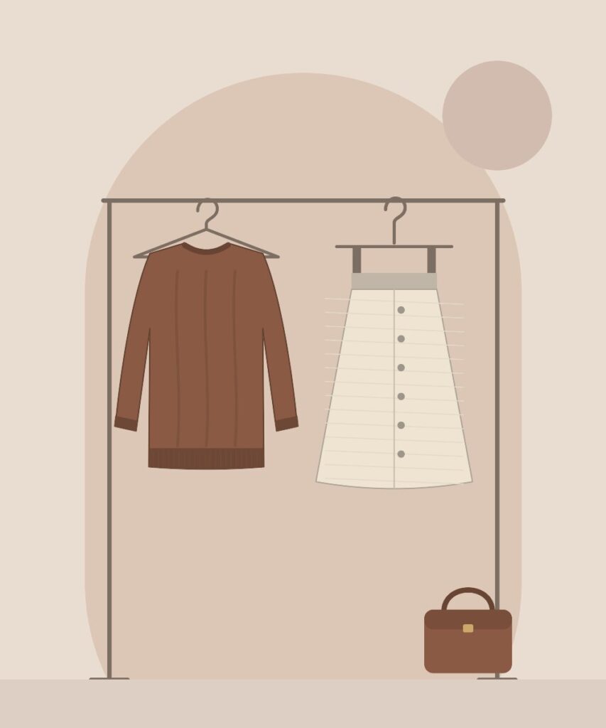 Bộ sưu tập Thu Đông 2026 — áo len nâu và chân váy dạ tweed